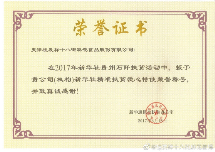 桂发祥股份公司荣获天津市扶贫协作和支援合作工作先进集体